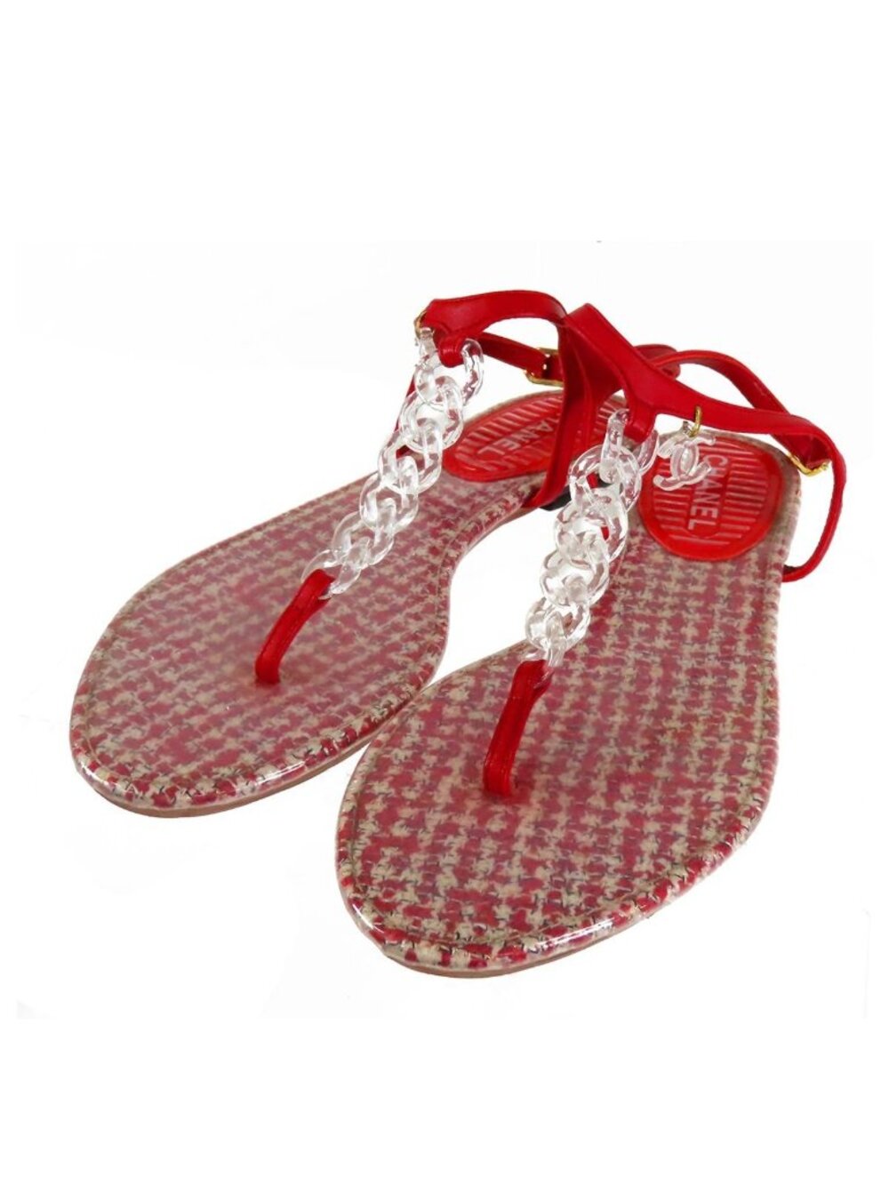 Chanel Tong Sandals Red Leather Tweed Chain Coco Charm Flat Shoes